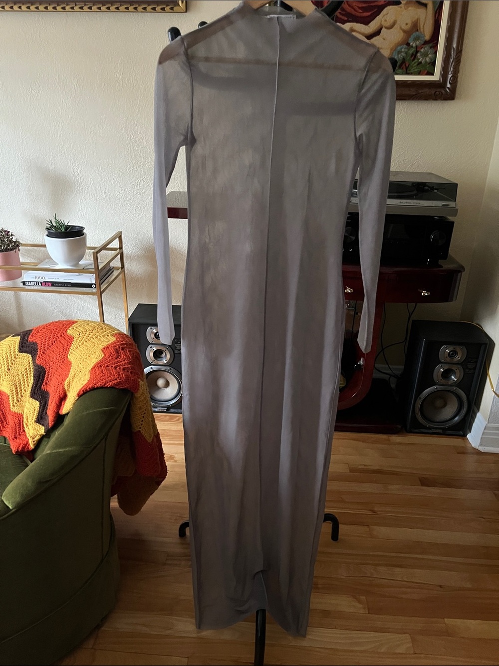 Zara Sheer Long-Sleeve Maxi Dress in Light Gray